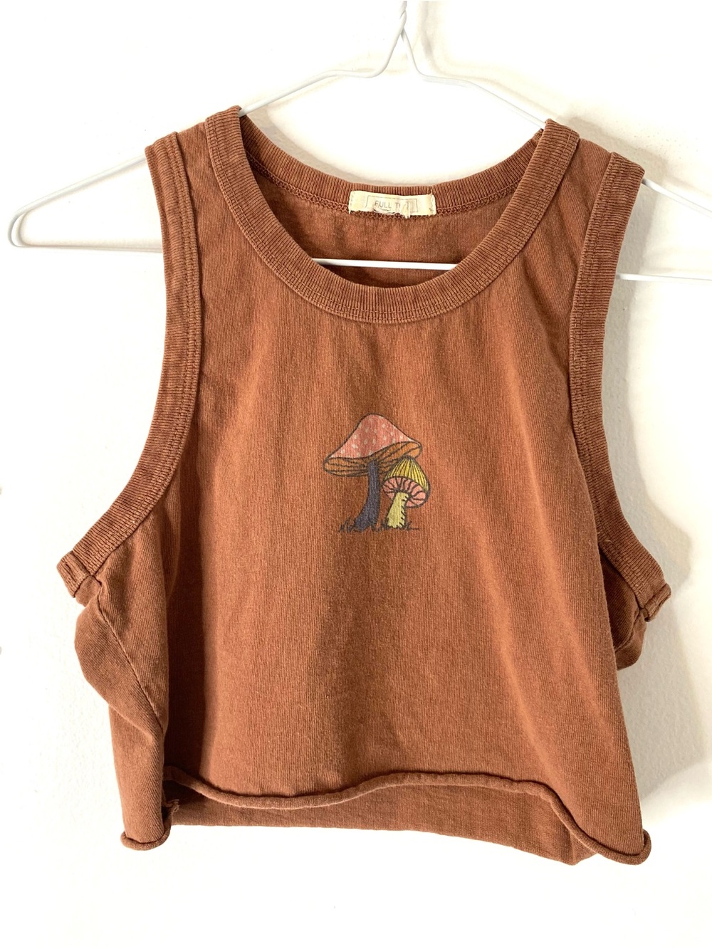 Full Tilt Brown Mushroom Graphic Cropped Muscle Tank Top Raw Hem